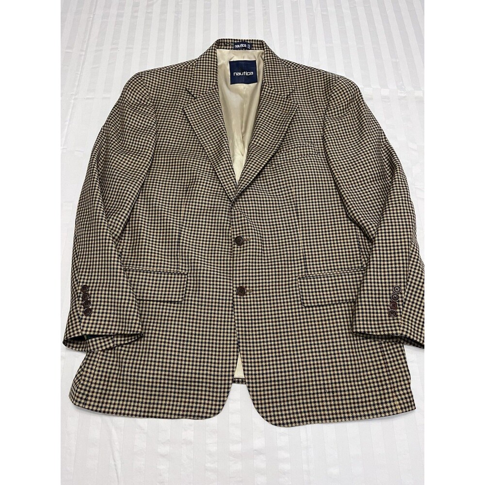 Nautica Men 43R Blazer Sport Coat 100% Wool Houndstooth Brown Tan Navy 2 Button